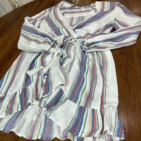 Blue Island White Multi Stripe Wrap Dress Women’s Medium Boho Tassel Tie Lightwe - Picture 13 of 13
